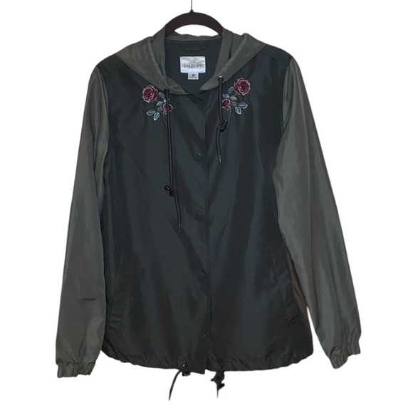 Embroidered Floral Roses Windbreaker Lightweight Boho Jacket Green Small - Picture 1 of 4